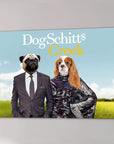 Personalized "DogSchitt's Creek" canvas featuring a pug in a suit and a Cavalier King Charles Spaniel in a sequin dress.