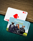 Personalized playing cards featuring three pets in "DogSchitt's Creek" style, on a green felt table.