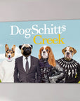 Personalized "DogSchitt's Creek" canvas featuring four pets dressed as characters, light blue background.