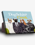 DogSchitt's Creek personalized 4-pet standing canvas with dogs in human clothes on a light blue background.
