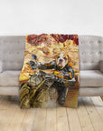 Personalized pet blanket with a bulldog in a biker suit riding a motorcycle through a desert landscape.
