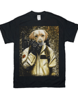 Black Gildan t-shirt with a personalized "Dogbuster" design featuring a golden retriever in a beige uniform.