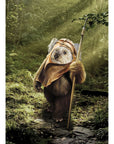 Custom digital portrait of a dog's face on an Ewok body in a forest, holding a spear.
