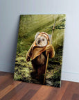 Personalized Dogg-E-Wok canvas featuring a dog dressed as an Ewok in a forest, holding a spear.