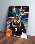 Personalized pet canvas featuring a German Shepherd in a black basketball jersey with "DOGGER 7" and a basketball.