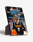 Personalized pet standing canvas featuring a German Shepherd in a blue basketball jersey with "DOGGER 7" and a basketball.