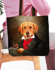 Personalized black tote bag with a custom renaissance portrait of a golden retriever in a suit.