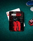 Personalized playing card featuring a pug in a red jumpsuit, "Doggo Heist" title, on a green poker table.