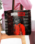 Personalized black tote bag with a custom pug pet portrait in a red heist costume.
