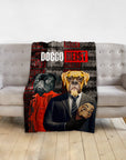 Personalized 'Doggo Heist' pet blanket featuring a pug in an orange jumpsuit and a boxer in a suit.