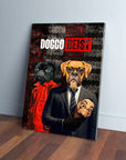 Personalized "Doggo Heist" canvas featuring two pets dressed as characters, one in red, one in a suit.