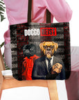 Personalized black tote bag with two custom pet portraits in a "Doggo Heist" style.