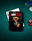 Personalized 'Doggo Heist' playing card featuring a dog in a suit holding a mask, on a green felt table with chips and dice.