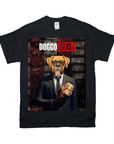 Black Gildan t-shirt with "Doggo Heist" design featuring a boxer dog in a suit holding a Dali mask.