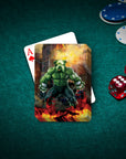 Personalized 'Doggo Hulk' playing card featuring a green, muscular dog on fire, on a green felt table.