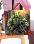 Personalized Doggo Hulk pet portrait tote bag with a green muscular dog in a city scene.