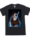 Black Gildan t-shirt featuring a personalized "Doggo-Jedi" design with a dog holding a blue lightsaber.