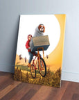 Personalized "Doggo-Terrestrial" canvas featuring a person and dog on a flying bicycle against a sunset.