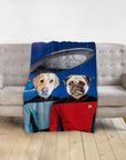 Personalized minky blanket with custom Star Trek-style portraits of a yellow lab and a pug.
