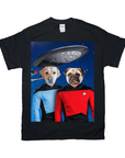 Black Gildan t-shirt featuring a personalized graphic of two pets, a labrador and a pug, dressed in sci-fi uniforms under a UFO.