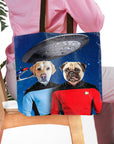 Personalized 'Doggo-Trek' 2-pet tote bag with custom dog portraits in Star Trek uniforms.