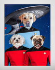 Personalized Doggo-Trek poster featuring three pets as Starfleet officers in blue and red uniforms against a starry space background with a spaceship.