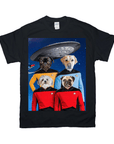 Black Gildan t-shirt with four pets in Star Trek uniforms under a UFO in space.