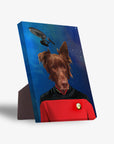 Personalized pet standing canvas featuring a brown dog in a red Star Trek uniform against a starry blue background.