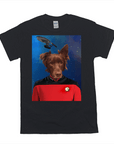 Black Gildan t-shirt with a personalized dog portrait in a red Star Trek uniform, against a starry background.