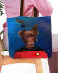 Personalized Doggo-Trek tote bag with a brown dog's portrait in a red Star Trek uniform against a starry blue background.