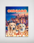 Personalized 'Doggos Of Chicago' poster featuring two golden retrievers over a city skyline.