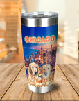 Personalized 2-pet tumbler with Chicago skyline and two golden retriever dog portraits.
