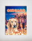 Personalized 'Doggos Of Chicago' poster featuring a golden retriever over a vibrant city skyline.