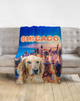 Personalized pet blanket with a golden retriever portrait and Chicago skyline.