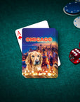 Personalized playing card featuring a golden retriever portrait over a vibrant Chicago skyline.