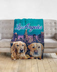 Personalized 'Doggos of Los Angeles' blanket with two Golden Retriever portraits and city skyline.