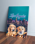 Personalized canvas with two dogs, "Los Angeles" text, and a city skyline at dusk.