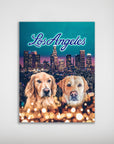 Personalized 'Doggos of Los Angeles' matte poster featuring two dogs against a city skyline.