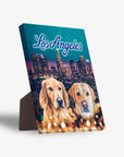 Personalized 'Doggos of Los Angeles' standing canvas featuring two pets over a city skyline.