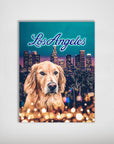 Personalized 'Doggos of Los Angeles' poster featuring a golden retriever over a city skyline with bokeh lights.