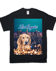 Black Gildan t-shirt featuring a golden retriever in front of the Los Angeles skyline with "Los Angeles" text.