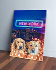 Personalized canvas with two golden retrievers in front of a neon New York City skyline.