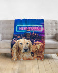 Personalized pet blanket with a golden retriever portrait and New York City skyline.