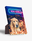 Golden Retriever pet portrait on a standing canvas with a vibrant New York city skyline and neon sign background.