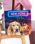 Personalized tote bag with a golden retriever pet portrait and a New York city skyline background.