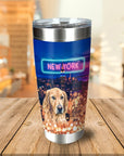 Personalized stainless steel tumbler with a golden retriever portrait and "New York" neon sign over a city skyline.