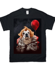 Black Gildan t-shirt with a personalized pet portrait of a dog dressed as Pennywise holding a red balloon.