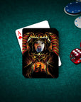 Personalized Doggtalica playing card featuring a dog portrait in a dark, heavy metal style on a green felt table.