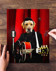 Personalized 'Doggy Cash' pet puzzle featuring a yellow lab in a black suit playing guitar against red curtains.