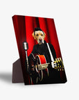 Personalized 'Doggy Cash' standing canvas featuring a yellow lab dressed as Elvis, playing a red guitar against red curtains.
